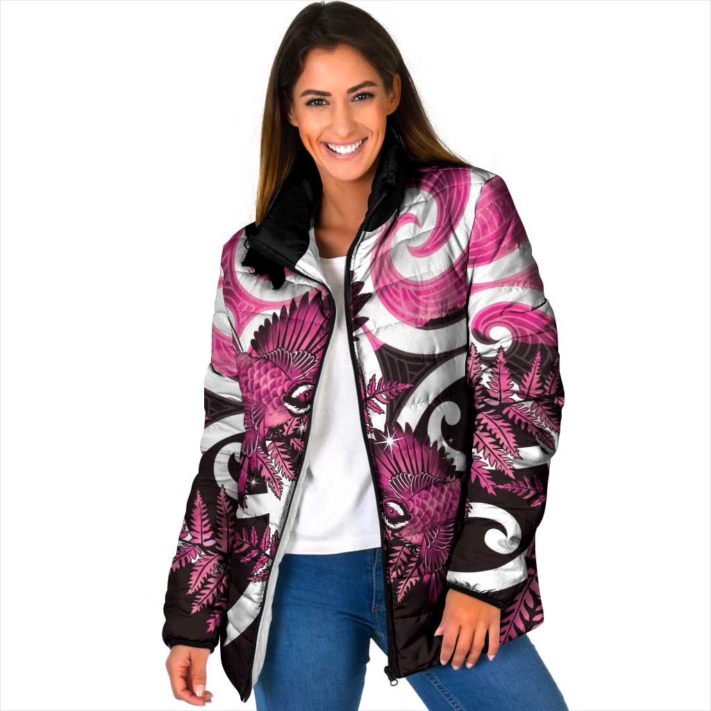 Piwakawaka New Zealand Matariki Padded Jacket Maori New Year Silver Fern Pink Galaxy