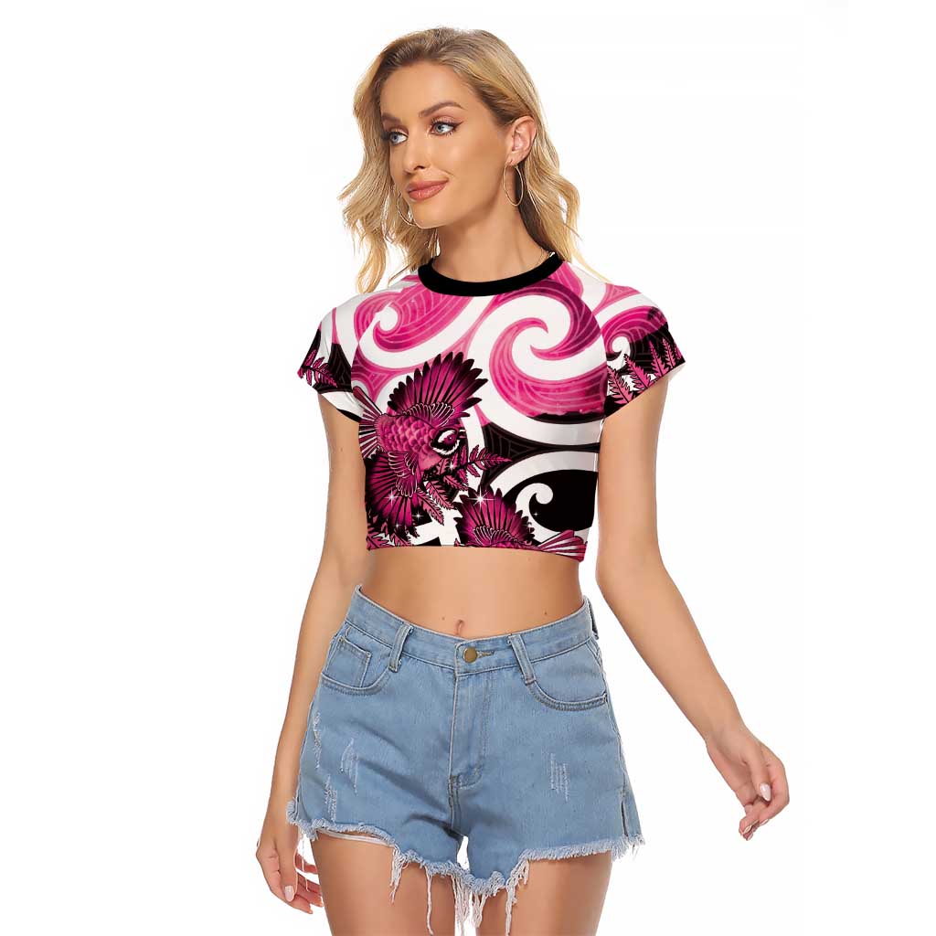 Piwakawaka New Zealand Matariki Raglan Cropped T Shirt Maori New Year Silver Fern Pink Galaxy LT14 Female Pink - Polynesian Pride