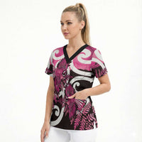 Piwakawaka New Zealand Matariki Scrub Top Maori New Year Silver Fern Pink Galaxy
