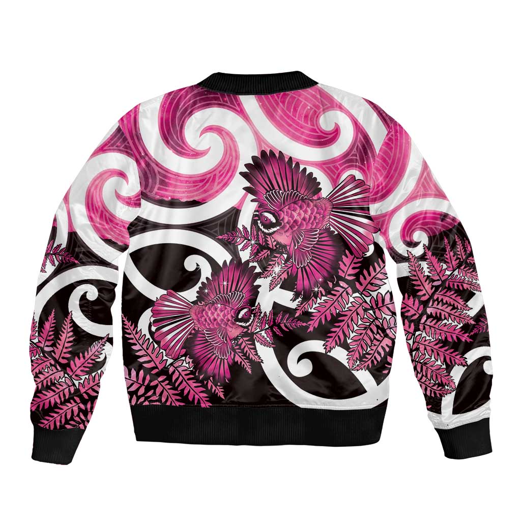 Piwakawaka New Zealand Matariki Sleeve Zip Bomber Jacket Maori New Year Silver Fern Pink Galaxy