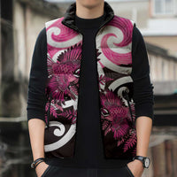 Piwakawaka New Zealand Matariki Sleeveless Puffer Jacket Maori New Year Silver Fern Pink Galaxy