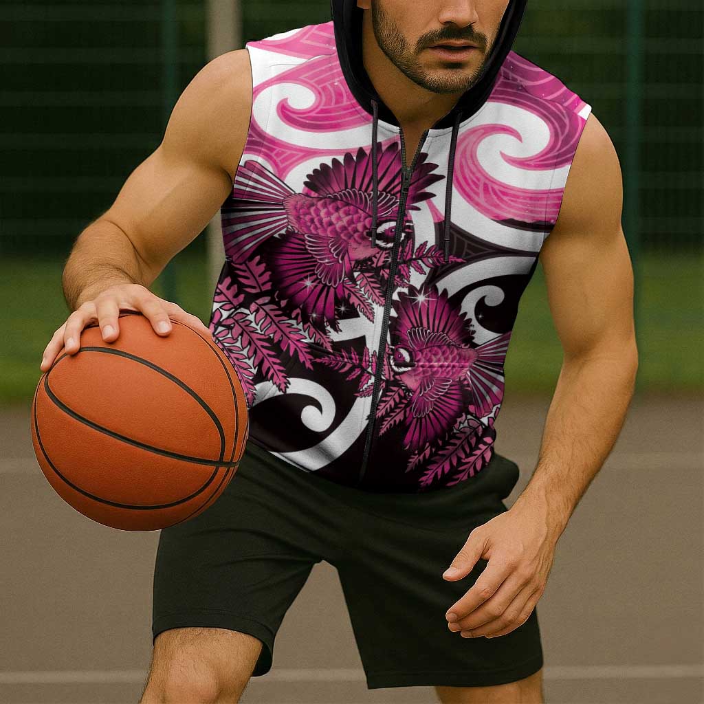 Piwakawaka New Zealand Matariki Sleeveless Zip Hoodie Maori New Year Silver Fern Pink Galaxy LT14 - Polynesian Pride