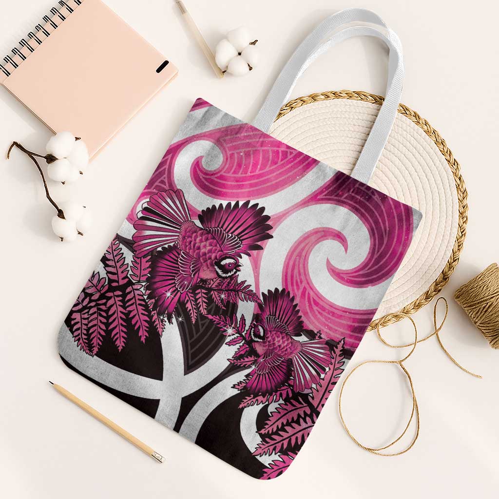 Piwakawaka New Zealand Matariki Tote Bag Maori New Year Silver Fern Pink Galaxy LT14 White Strap One Size Pink - Polynesian Pride