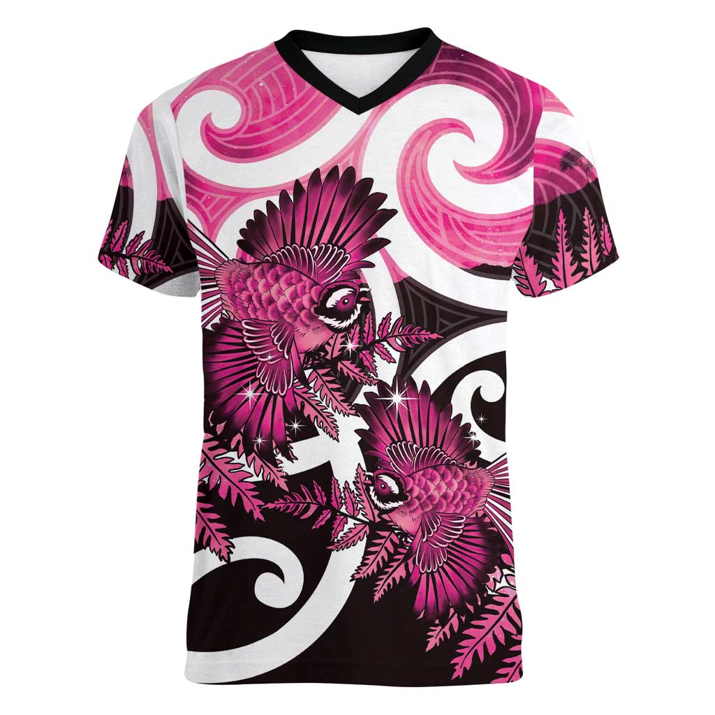 Piwakawaka New Zealand Matariki Women V-Neck T-Shirt Maori New Year Silver Fern Pink Galaxy LT14 Female Pink - Polynesian Pride