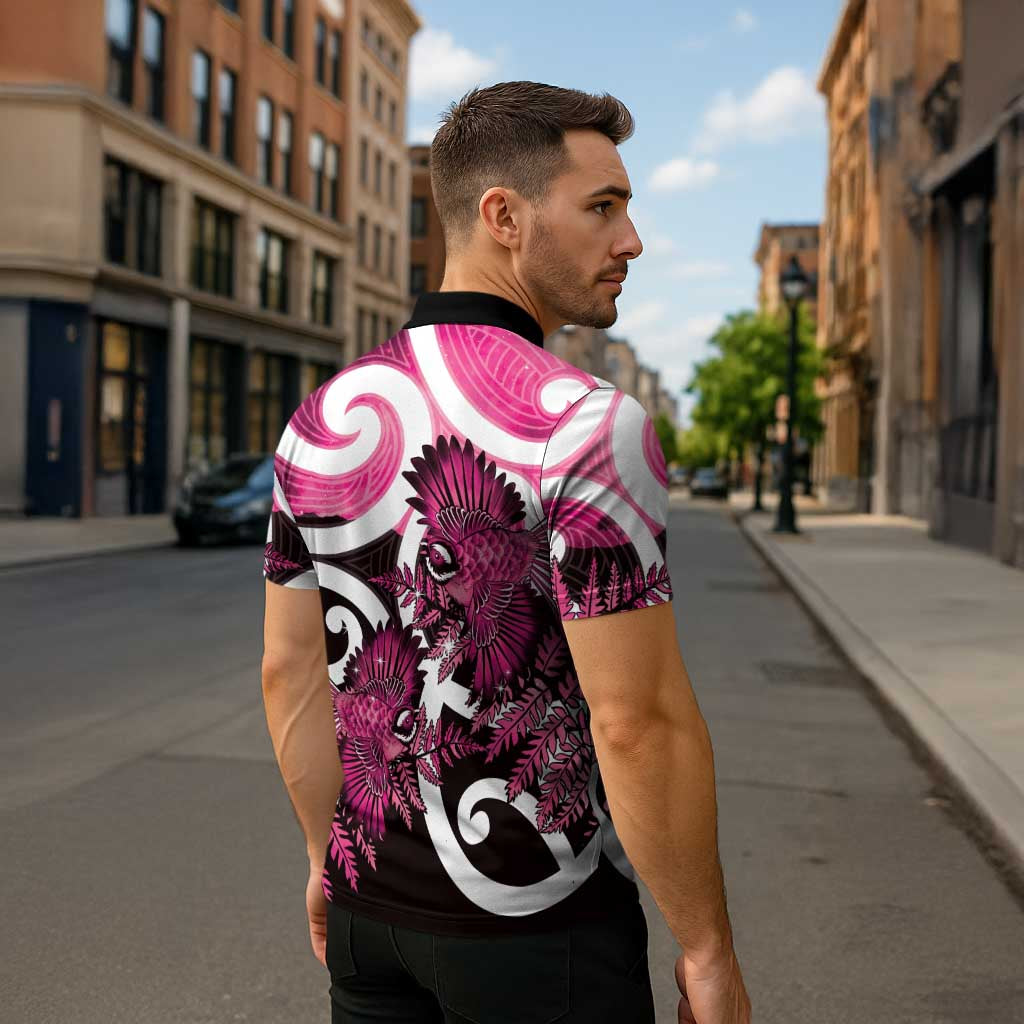Piwakawaka New Zealand Matariki Zipper Polo Shirt Maori New Year Silver Fern Pink Galaxy LT14 - Polynesian Pride