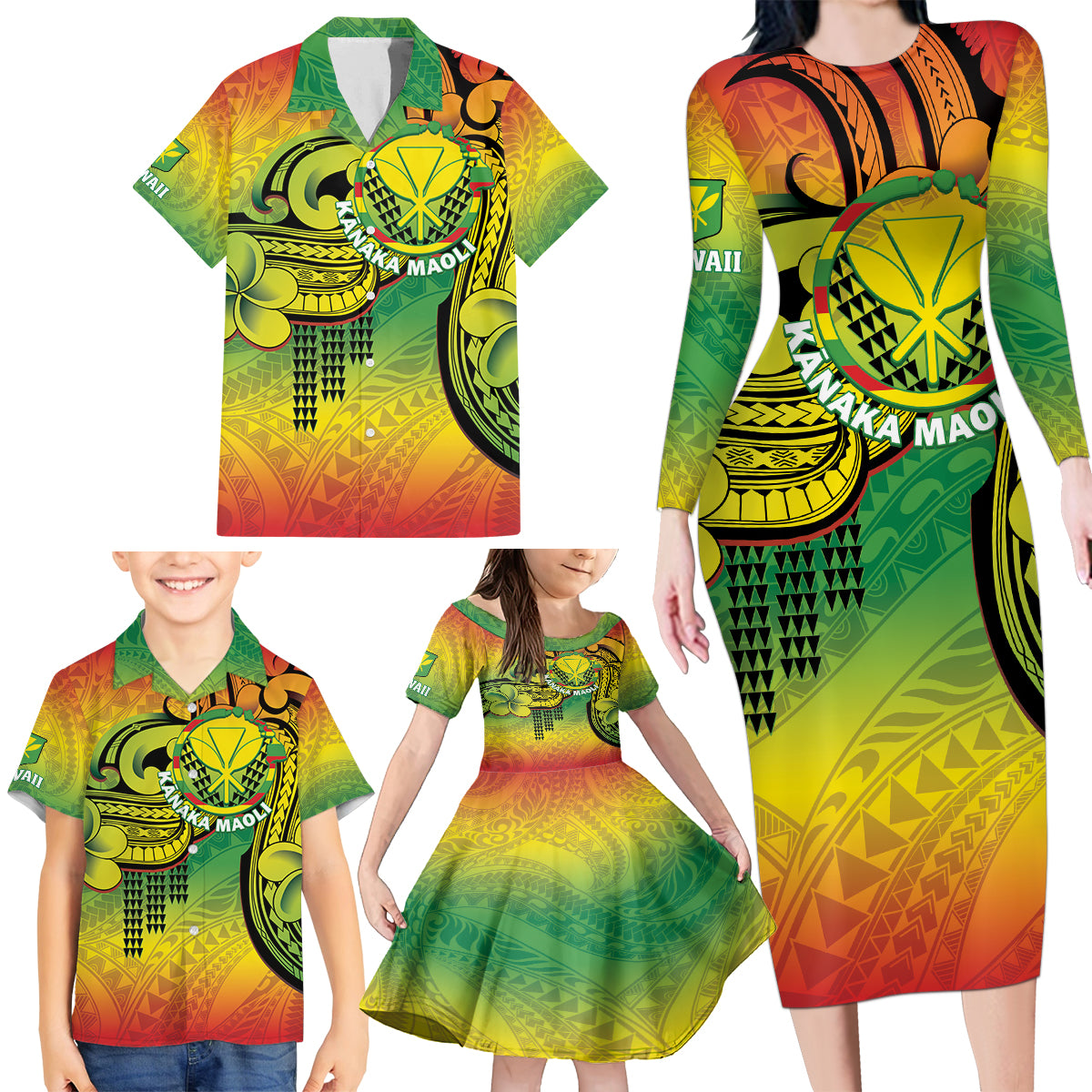 Hawaii Flag Day Family Matching Long Sleeve Bodycon Dress and Hawaiian Shirt Kanaka Maoli With Kakau Polynesian Pattern LT14 - Polynesian Pride