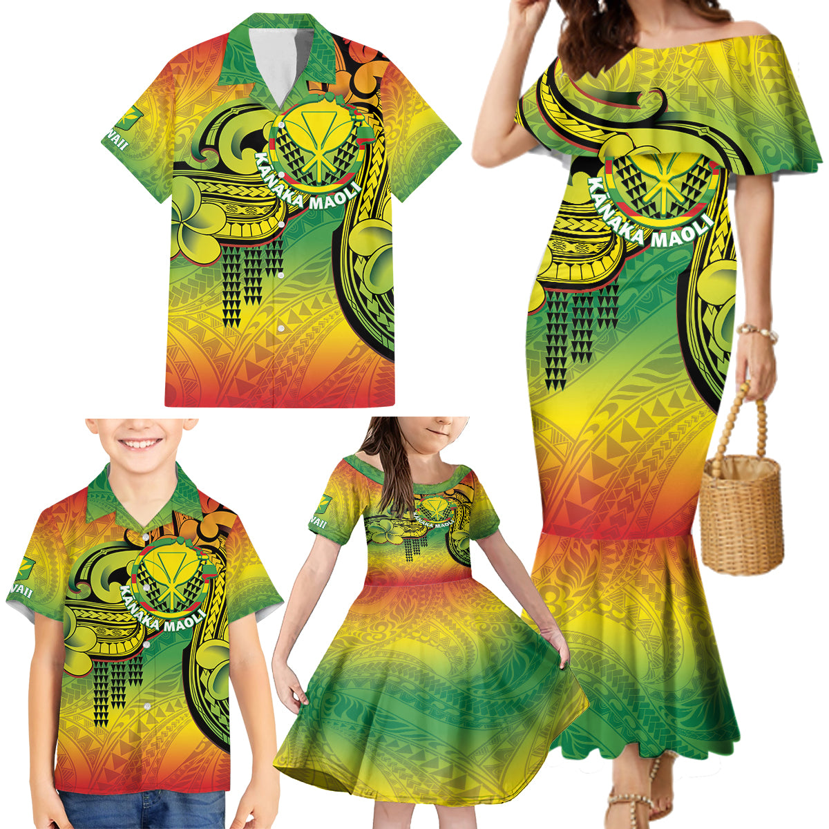 Hawaii Flag Day Family Matching Mermaid Dress and Hawaiian Shirt Kanaka Maoli With Kakau Polynesian Pattern LT14 - Polynesian Pride