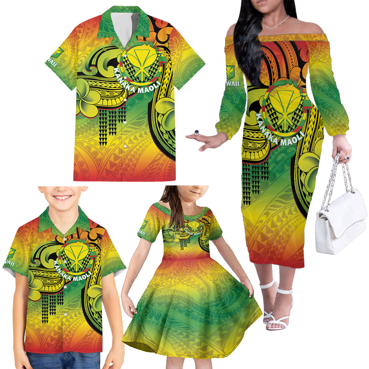 Hawaii Flag Day Family Matching Off The Shoulder Long Sleeve Dress and Hawaiian Shirt Kanaka Maoli With Kakau Polynesian Pattern LT14 - Polynesian Pride