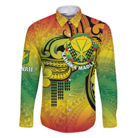Hawaii Flag Day Family Matching Off The Shoulder Long Sleeve Dress and Hawaiian Shirt Kanaka Maoli With Kakau Polynesian Pattern LT14 Dad's Shirt - Long Sleeve Green - Polynesian Pride