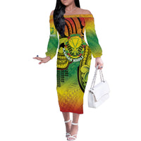 Hawaii Flag Day Family Matching Off The Shoulder Long Sleeve Dress and Hawaiian Shirt Kanaka Maoli With Kakau Polynesian Pattern LT14 Mom's Dress Green - Polynesian Pride