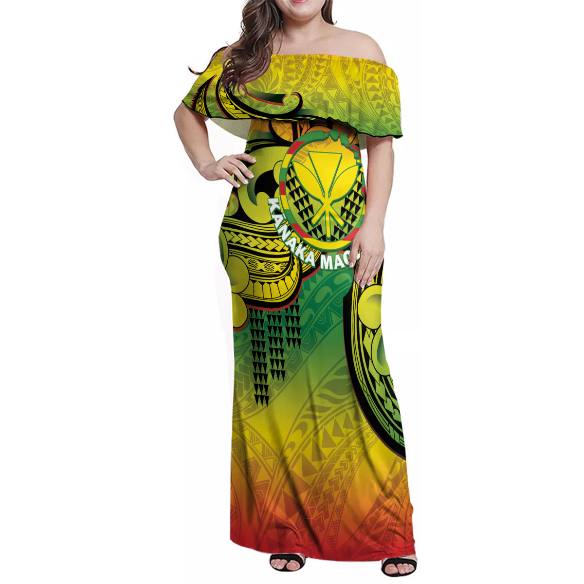 Hawaii Flag Day Family Matching Off Shoulder Maxi Dress and Hawaiian Shirt Kanaka Maoli With Kakau Polynesian Pattern LT14 Mom's Dress Green - Polynesian Pride