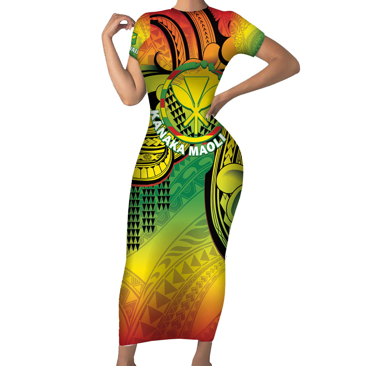 Hawaii Flag Day Family Matching Short Sleeve Bodycon Dress and Hawaiian Shirt Kanaka Maoli With Kakau Polynesian Pattern LT14 Mom's Dress Green - Polynesian Pride