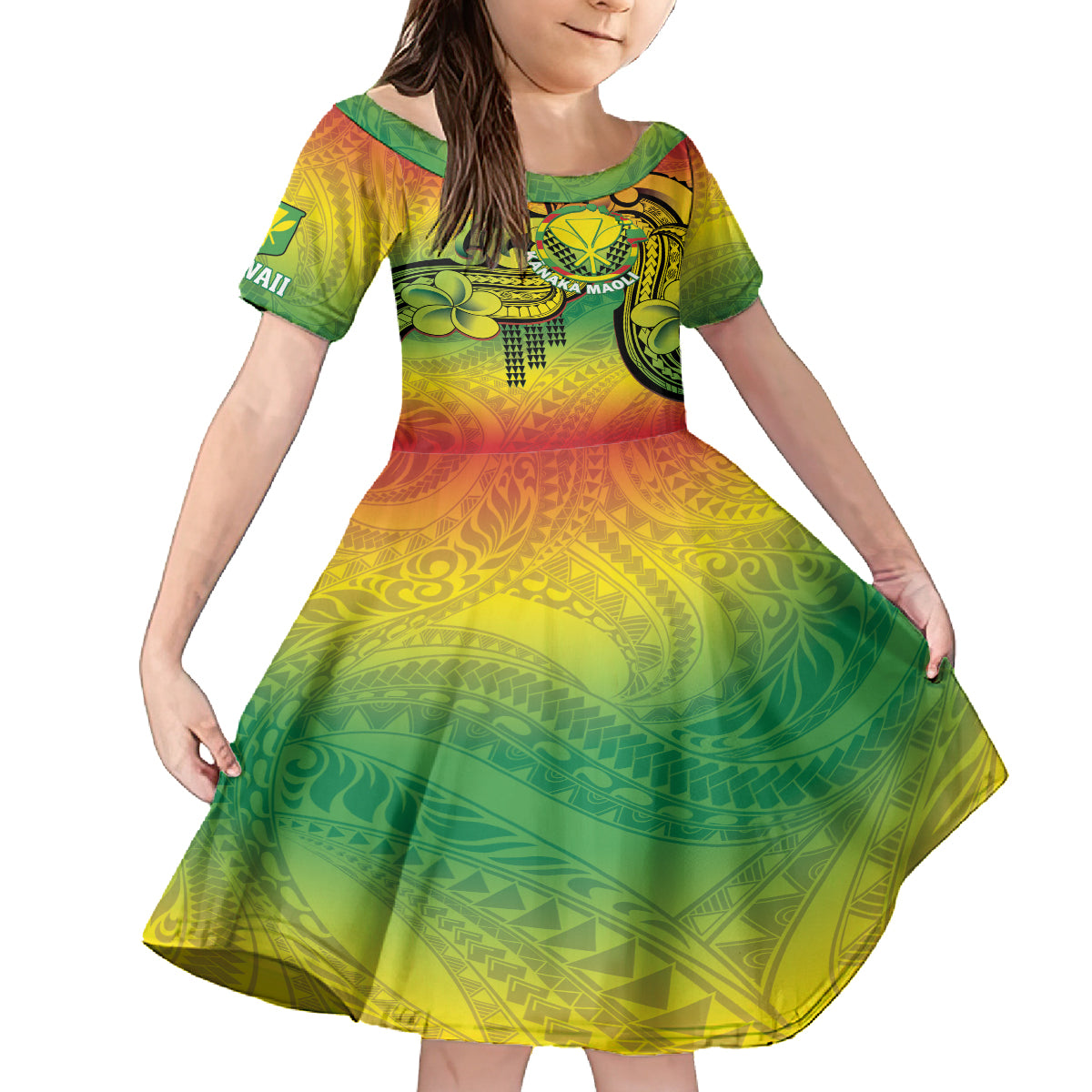 Hawaii Flag Day Family Matching Tank Maxi Dress and Hawaiian Shirt Kanaka Maoli With Kakau Polynesian Pattern LT14 Daughter's Dress Green - Polynesian Pride