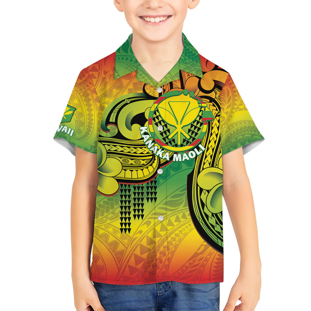Hawaii Flag Day Family Matching Tank Maxi Dress and Hawaiian Shirt Kanaka Maoli With Kakau Polynesian Pattern LT14 Son's Shirt Green - Polynesian Pride
