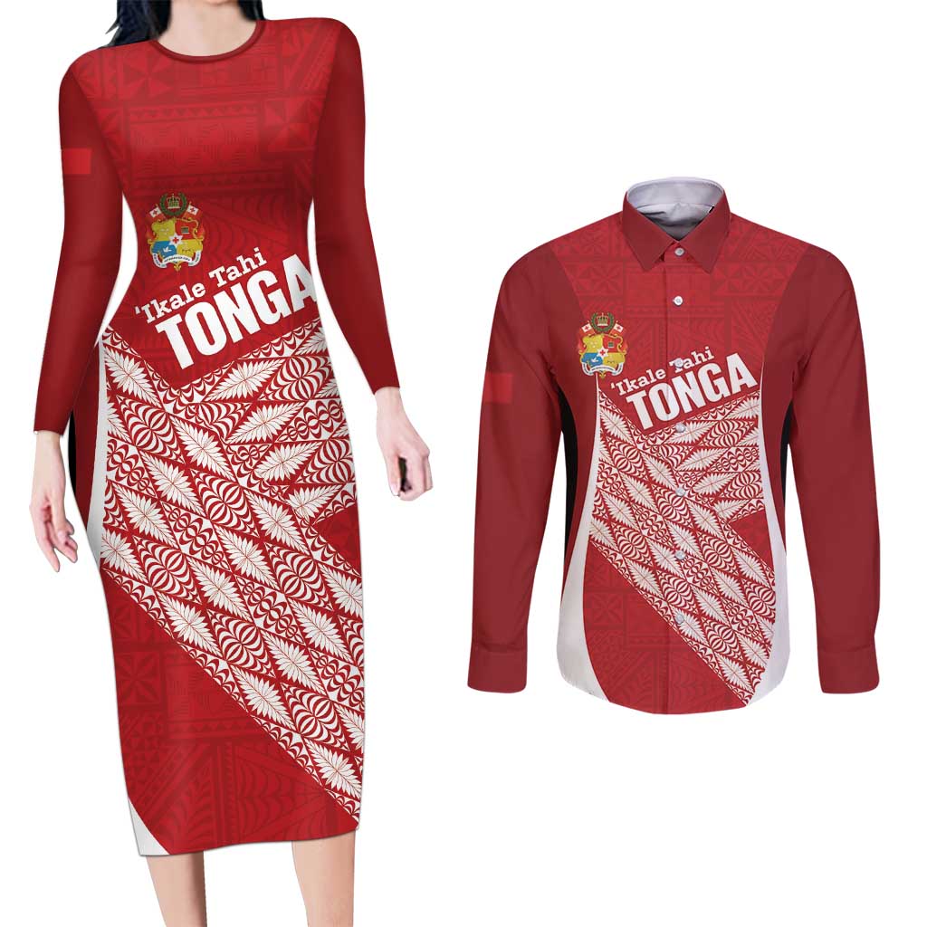 Tonga Rugby Custom Couples Matching Long Sleeve Bodycon Dress and Long Sleeve Button Shirt Go ʻIkale Tahi Go Tongan Tapa Cloth