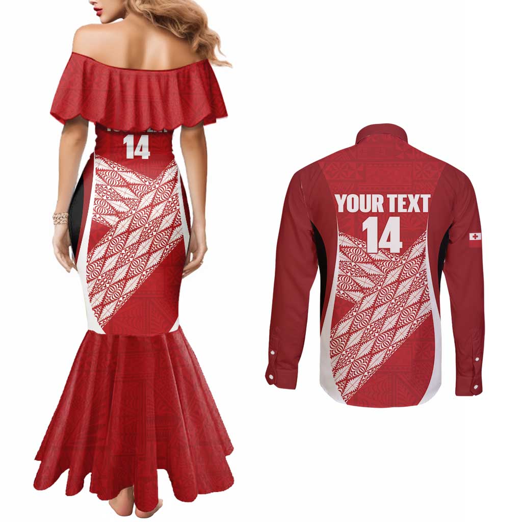 Tonga Rugby Custom Couples Matching Mermaid Dress and Long Sleeve Button Shirt Go ʻIkale Tahi Go Tongan Tapa Cloth