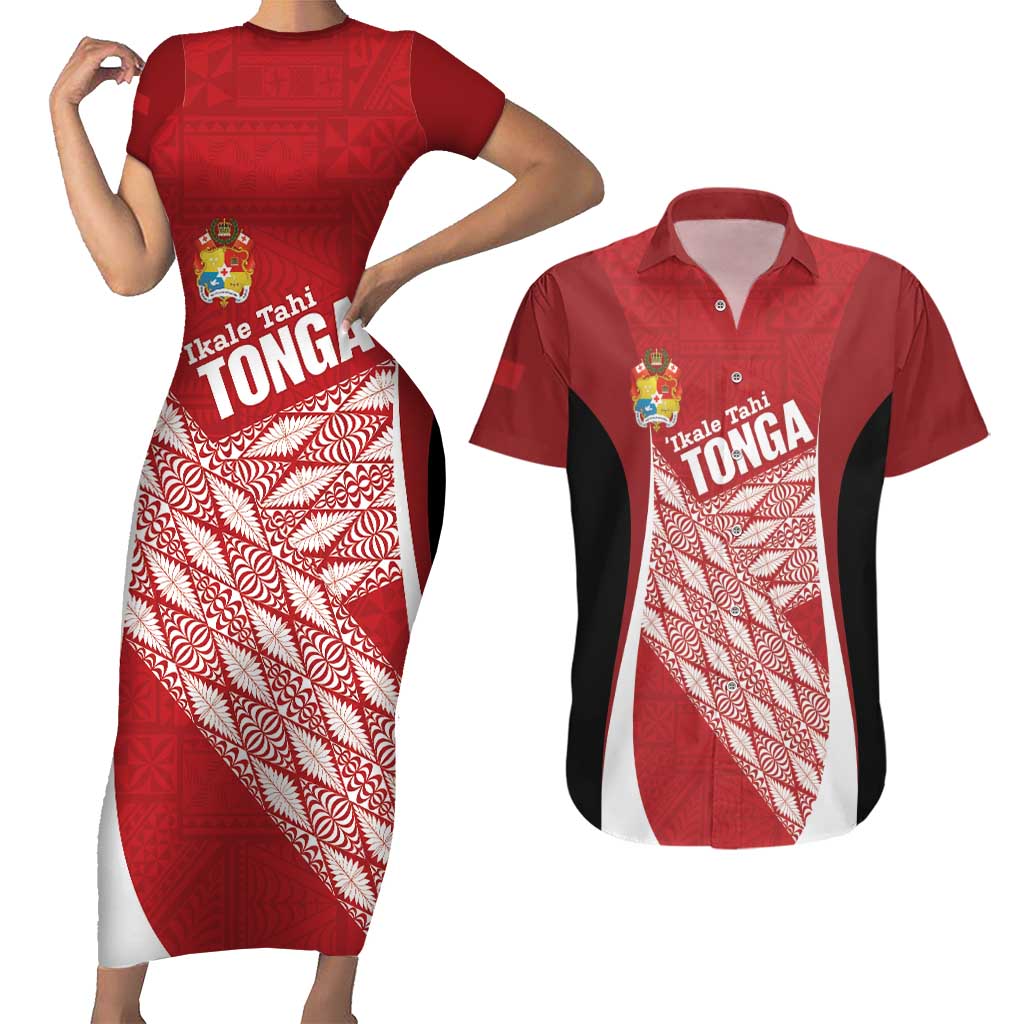 Tonga Rugby Custom Couples Matching Short Sleeve Bodycon Dress and Hawaiian Shirt Go ʻIkale Tahi Go Tongan Tapa Cloth