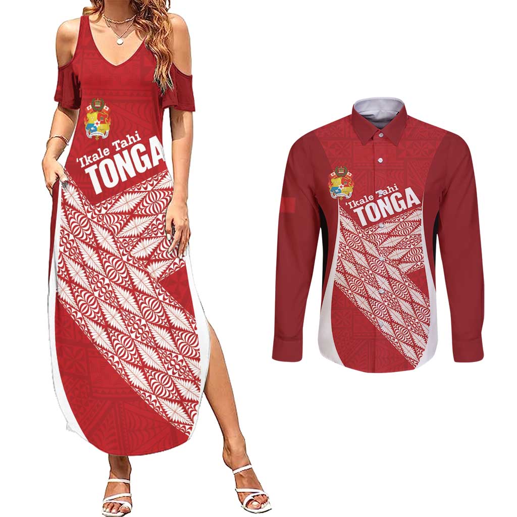 Tonga Rugby Custom Couples Matching Summer Maxi Dress and Long Sleeve Button Shirt Go ʻIkale Tahi Go Tongan Tapa Cloth