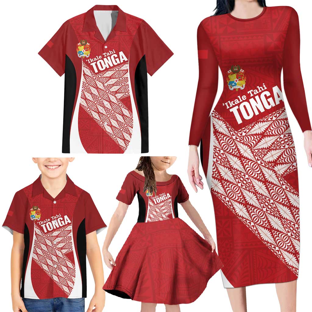 Tonga Rugby Custom Family Matching Long Sleeve Bodycon Dress and Hawaiian Shirt Go ʻIkale Tahi Go Tongan Tapa Cloth LT14 - Polynesian Pride