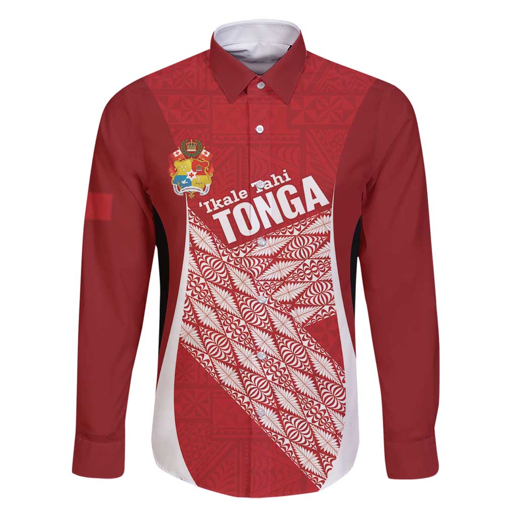 Tonga Rugby Custom Family Matching Mermaid Dress and Hawaiian Shirt Go ʻIkale Tahi Go Tongan Tapa Cloth LT14 Dad's Shirt - Long Sleeve Red - Polynesian Pride
