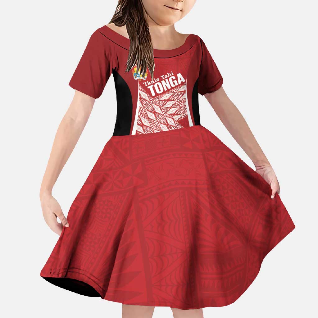 Tonga Rugby Custom Family Matching Off Shoulder Maxi Dress and Hawaiian Shirt Go ʻIkale Tahi Go Tongan Tapa Cloth LT14 Daughter's Dress Red - Polynesian Pride