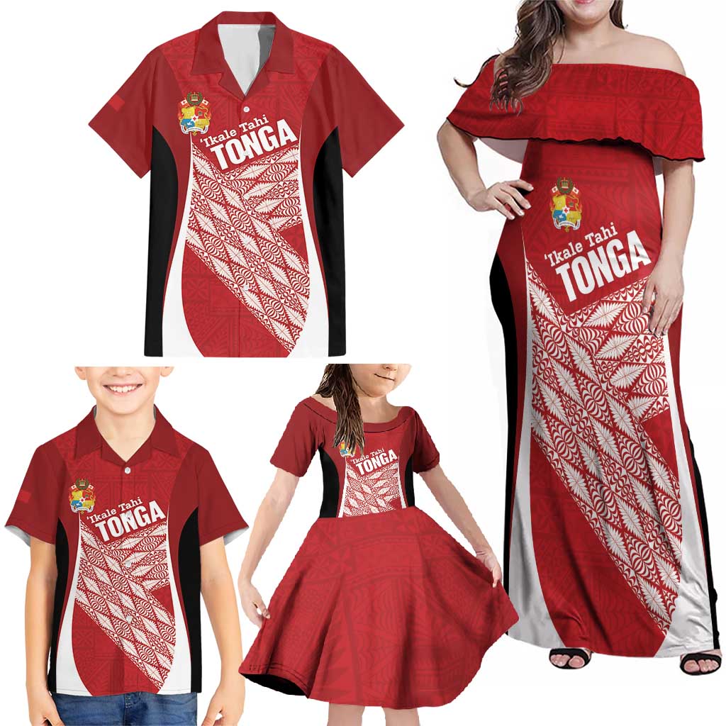 Tonga Rugby Custom Family Matching Off Shoulder Maxi Dress and Hawaiian Shirt Go ʻIkale Tahi Go Tongan Tapa Cloth LT14 - Polynesian Pride