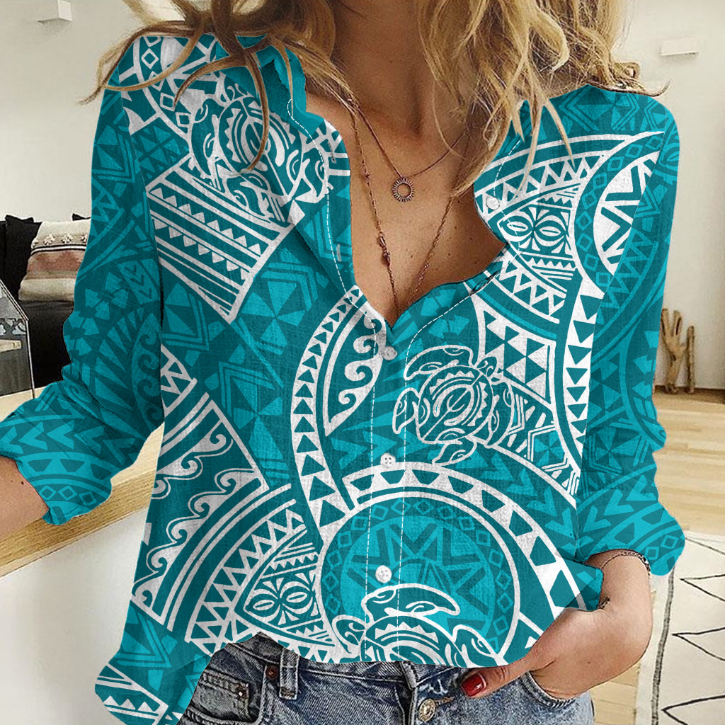Polynesian Pride Hawaii Women Casual Shirt Hawaiian Tribal Honu Turquoise Version LT14