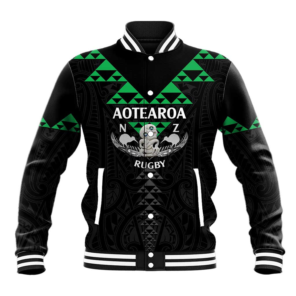Personalised Aotearoa Rugby Baseball Jacket New Zealand Maori Kete Matauranga Pattern LT14 Unisex Black - Polynesian Pride