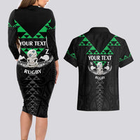 Personalised Aotearoa Rugby Couples Matching Long Sleeve Bodycon Dress and Hawaiian Shirt New Zealand Maori Kete Matauranga Pattern LT14 - Polynesian Pride