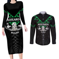 Personalised Aotearoa Rugby Couples Matching Long Sleeve Bodycon Dress and Long Sleeve Button Shirt New Zealand Maori Kete Matauranga Pattern LT14 Black - Polynesian Pride