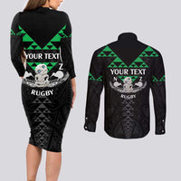 Personalised Aotearoa Rugby Couples Matching Long Sleeve Bodycon Dress and Long Sleeve Button Shirt New Zealand Maori Kete Matauranga Pattern LT14 - Polynesian Pride