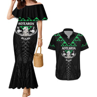 Personalised Aotearoa Rugby Couples Matching Mermaid Dress and Hawaiian Shirt New Zealand Maori Kete Matauranga Pattern LT14 Black - Polynesian Pride