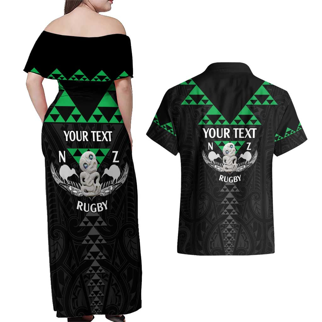 Personalised Aotearoa Rugby Couples Matching Off Shoulder Maxi Dress and Hawaiian Shirt New Zealand Maori Kete Matauranga Pattern LT14 - Polynesian Pride