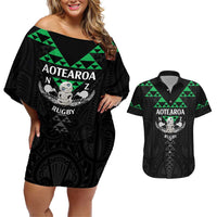 Personalised Aotearoa Rugby Couples Matching Off Shoulder Short Dress and Hawaiian Shirt New Zealand Maori Kete Matauranga Pattern LT14 Black - Polynesian Pride