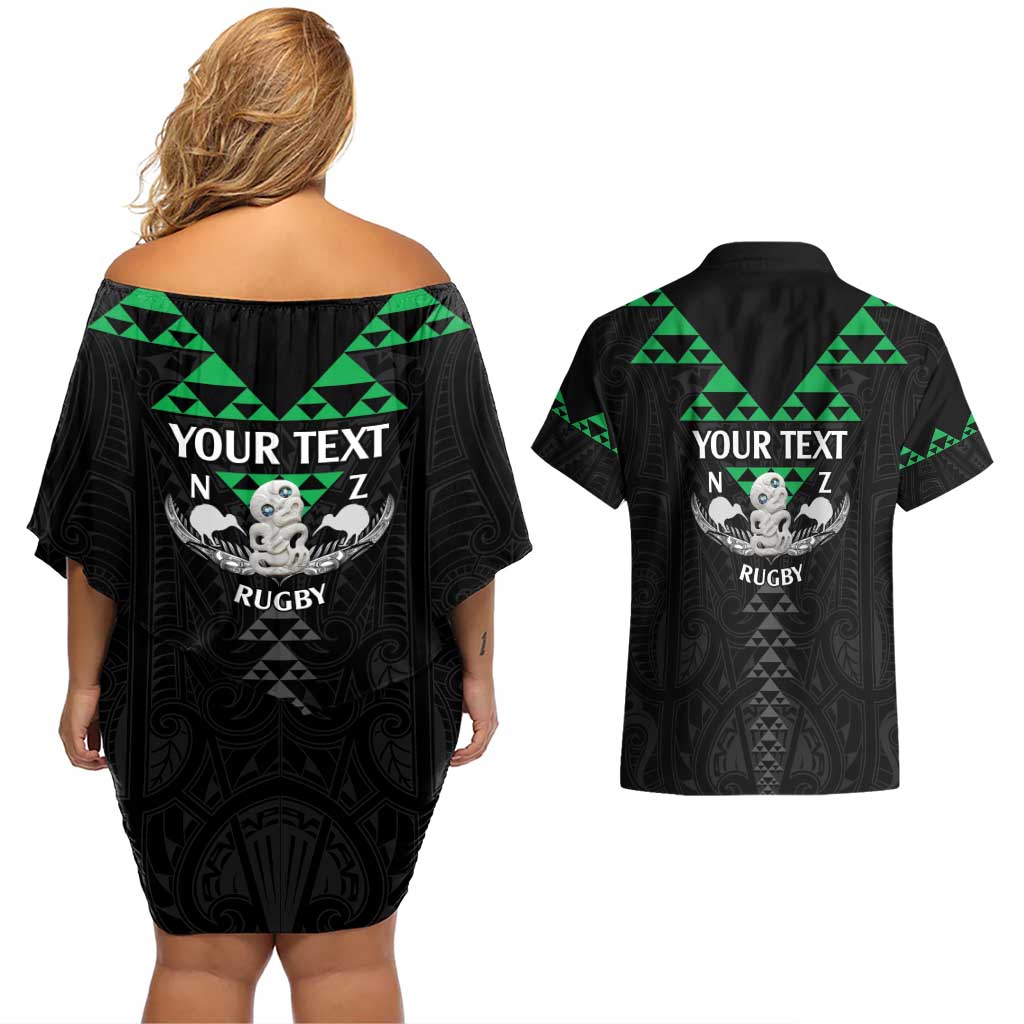 Personalised Aotearoa Rugby Couples Matching Off Shoulder Short Dress and Hawaiian Shirt New Zealand Maori Kete Matauranga Pattern LT14 - Polynesian Pride