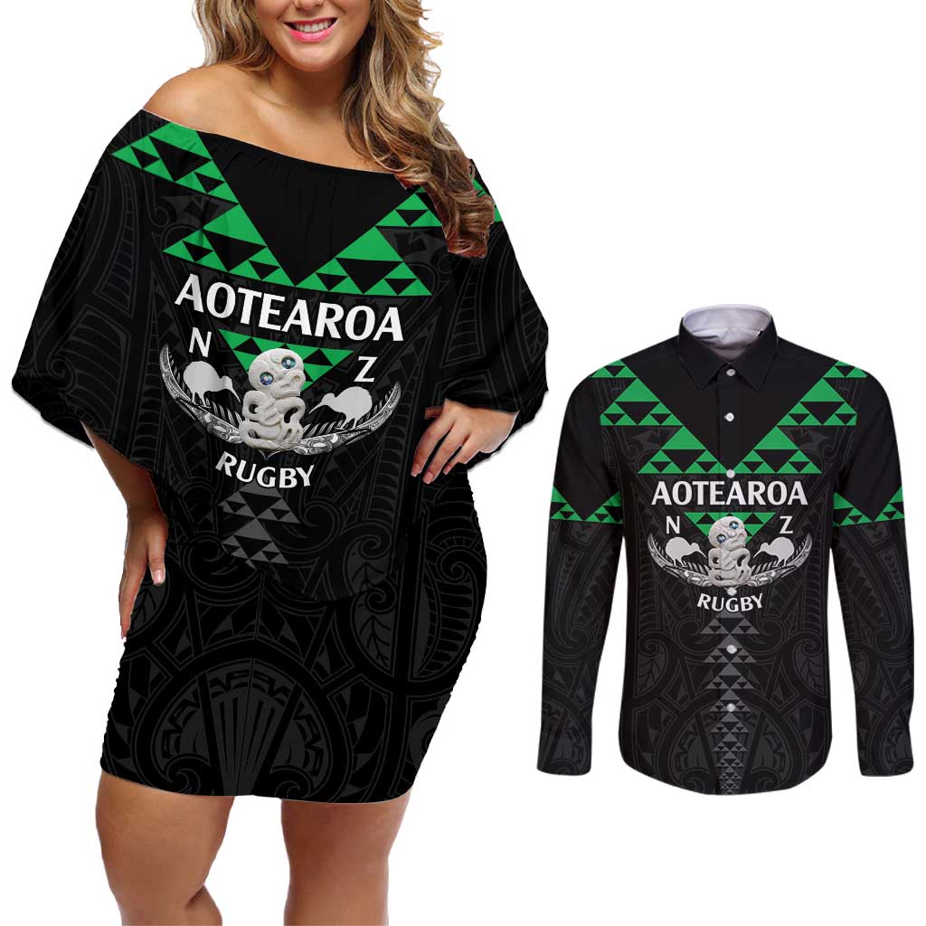 Personalised Aotearoa Rugby Couples Matching Off Shoulder Short Dress and Long Sleeve Button Shirt New Zealand Maori Kete Matauranga Pattern LT14 Black - Polynesian Pride