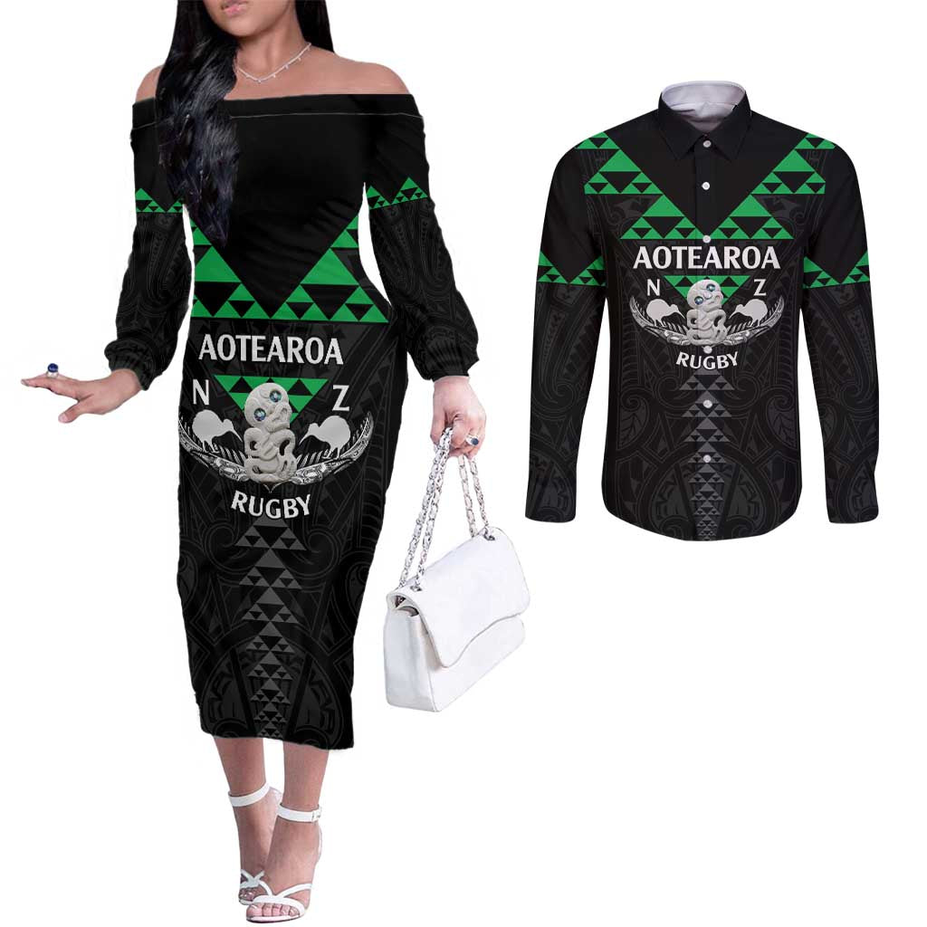 Personalised Aotearoa Rugby Couples Matching Off The Shoulder Long Sleeve Dress and Long Sleeve Button Shirt New Zealand Maori Kete Matauranga Pattern LT14 Black - Polynesian Pride
