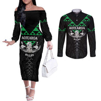 Personalised Aotearoa Rugby Couples Matching Off The Shoulder Long Sleeve Dress and Long Sleeve Button Shirt New Zealand Maori Kete Matauranga Pattern LT14 Black - Polynesian Pride