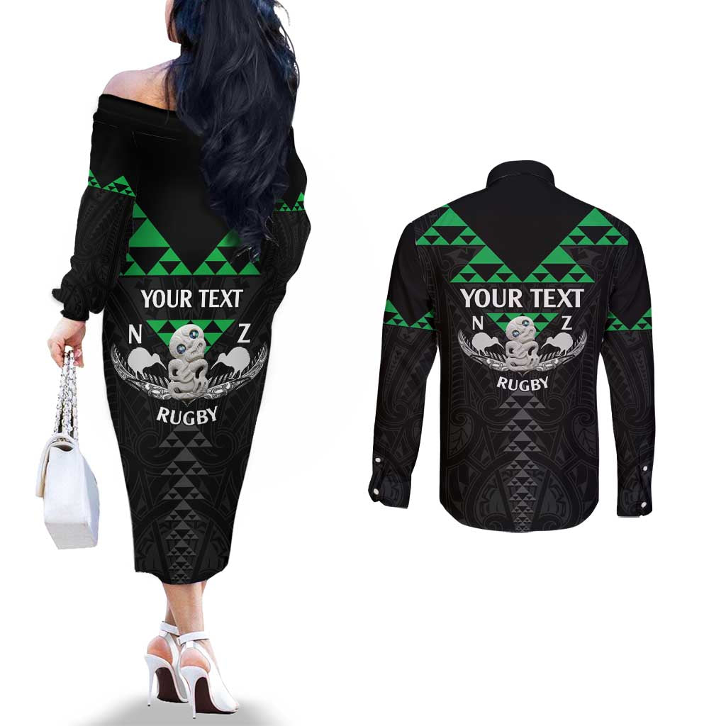 Personalised Aotearoa Rugby Couples Matching Off The Shoulder Long Sleeve Dress and Long Sleeve Button Shirt New Zealand Maori Kete Matauranga Pattern LT14 - Polynesian Pride