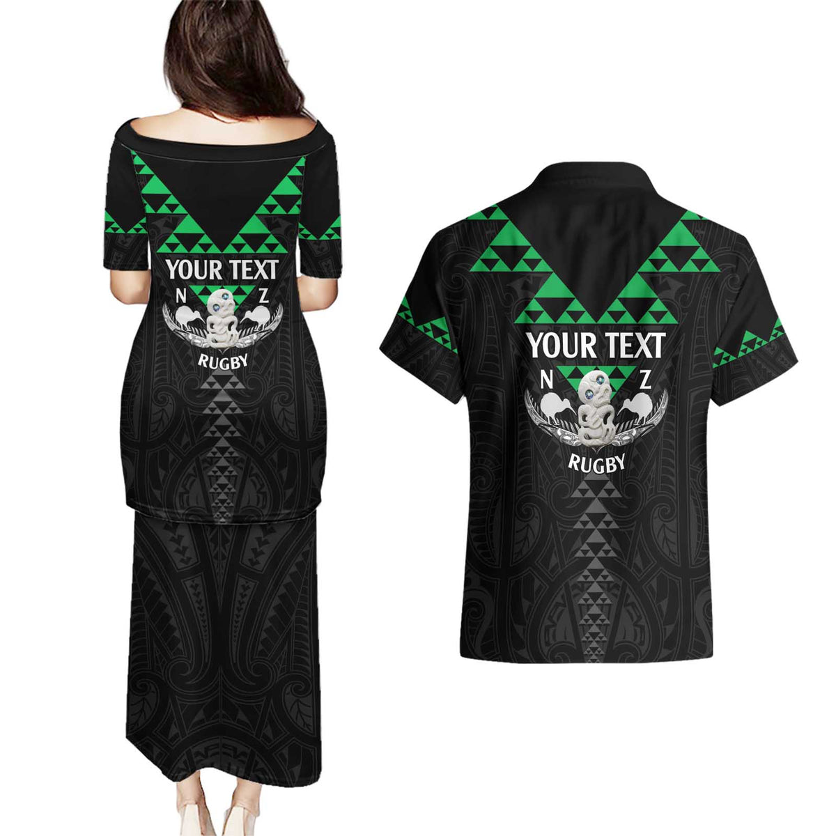 Personalised Aotearoa Rugby Couples Matching Puletasi and Hawaiian Shirt New Zealand Maori Kete Matauranga Pattern