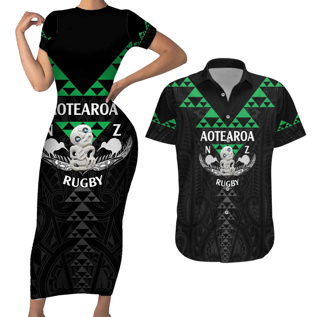 Personalised Aotearoa Rugby Couples Matching Short Sleeve Bodycon Dress and Hawaiian Shirt New Zealand Maori Kete Matauranga Pattern LT14 Black - Polynesian Pride