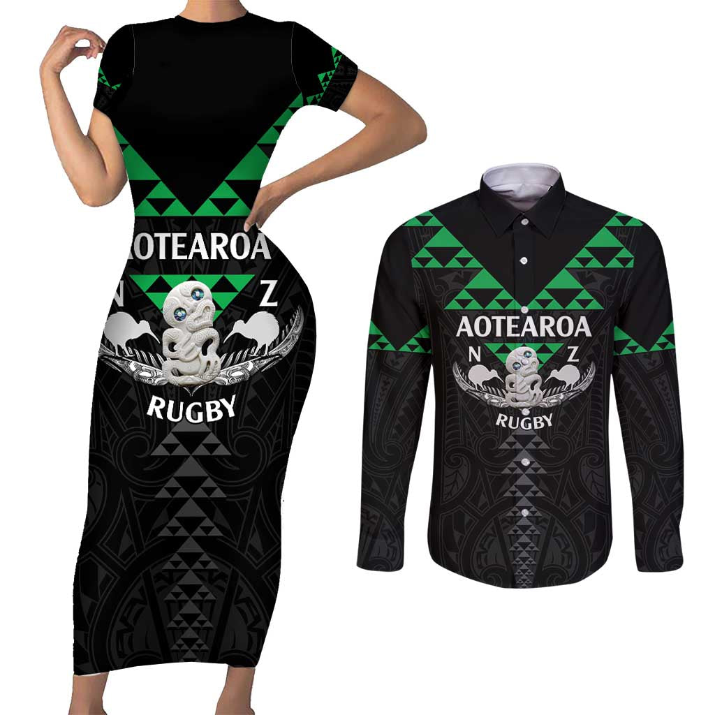 Personalised Aotearoa Rugby Couples Matching Short Sleeve Bodycon Dress and Long Sleeve Button Shirt New Zealand Maori Kete Matauranga Pattern LT14 Black - Polynesian Pride