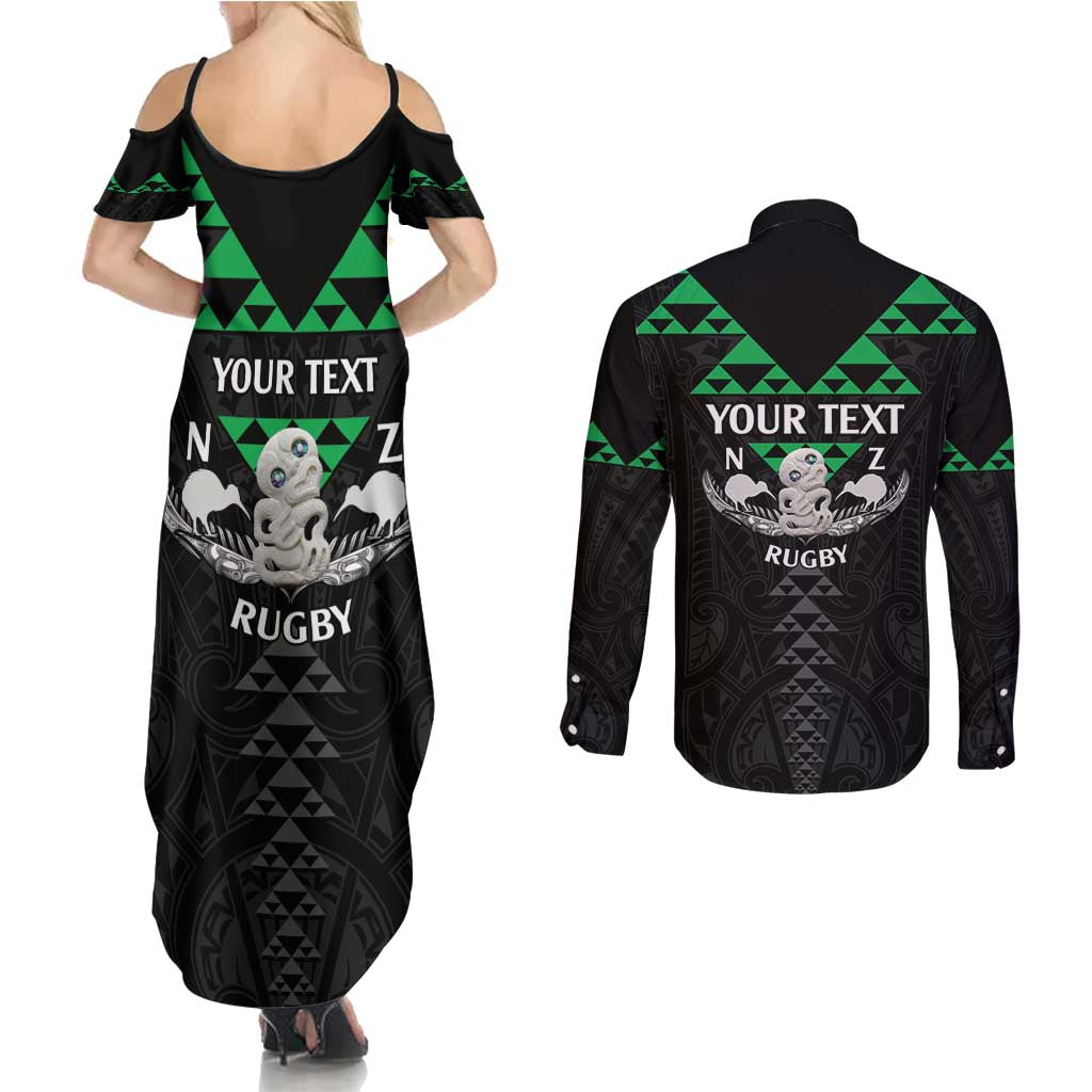 Personalised Aotearoa Rugby Couples Matching Summer Maxi Dress and Long Sleeve Button Shirt New Zealand Maori Kete Matauranga Pattern