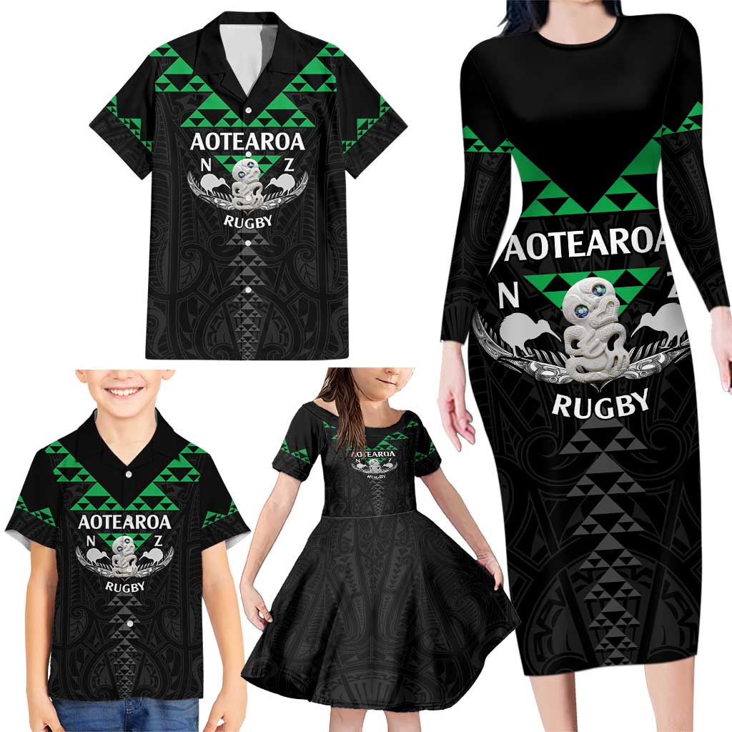 Personalised Aotearoa Rugby Family Matching Long Sleeve Bodycon Dress and Hawaiian Shirt New Zealand Maori Kete Matauranga Pattern LT14 - Polynesian Pride