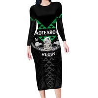 Personalised Aotearoa Rugby Family Matching Long Sleeve Bodycon Dress and Hawaiian Shirt New Zealand Maori Kete Matauranga Pattern LT14 Mom's Dress Black - Polynesian Pride