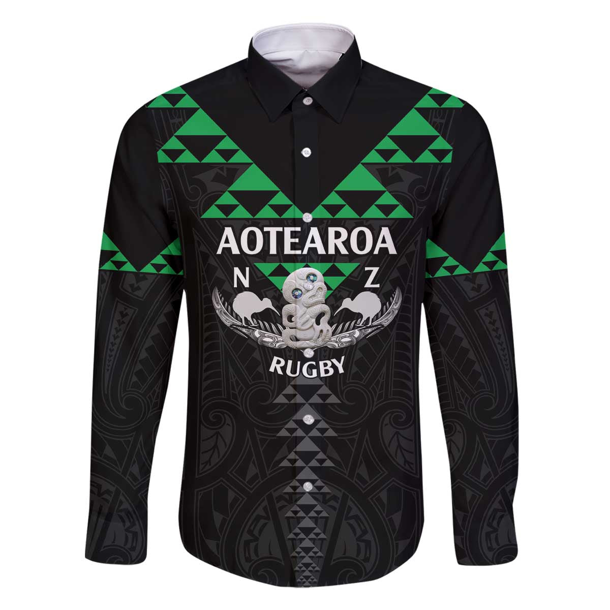 Personalised Aotearoa Rugby Family Matching Off The Shoulder Long Sleeve Dress and Hawaiian Shirt New Zealand Maori Kete Matauranga Pattern LT14 Dad's Shirt - Long Sleeve Black - Polynesian Pride