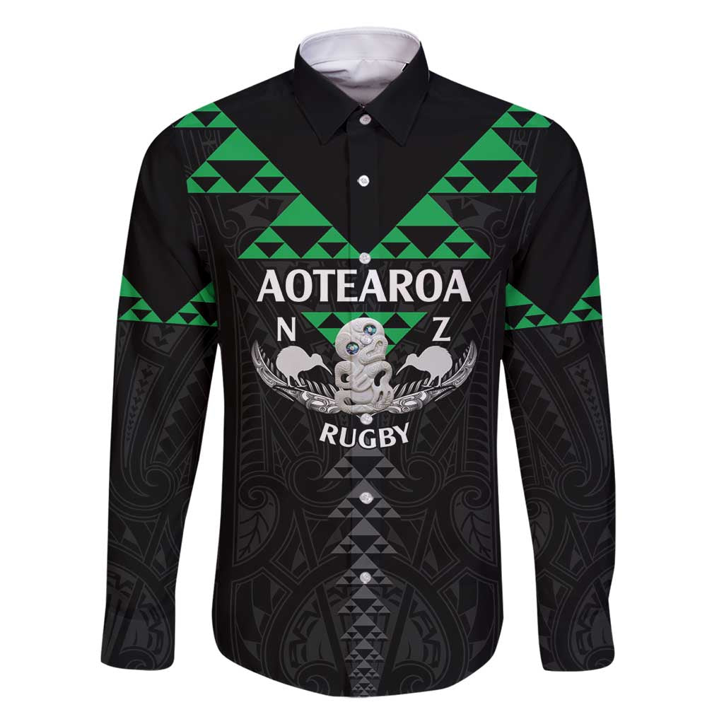 Personalised Aotearoa Rugby Family Matching Off Shoulder Short Dress and Hawaiian Shirt New Zealand Maori Kete Matauranga Pattern LT14 Dad's Shirt - Long Sleeve Black - Polynesian Pride