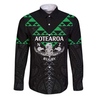 Personalised Aotearoa Rugby Family Matching Off Shoulder Short Dress and Hawaiian Shirt New Zealand Maori Kete Matauranga Pattern LT14 Dad's Shirt - Long Sleeve Black - Polynesian Pride