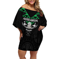 Personalised Aotearoa Rugby Family Matching Off Shoulder Short Dress and Hawaiian Shirt New Zealand Maori Kete Matauranga Pattern LT14 Mom's Dress Black - Polynesian Pride