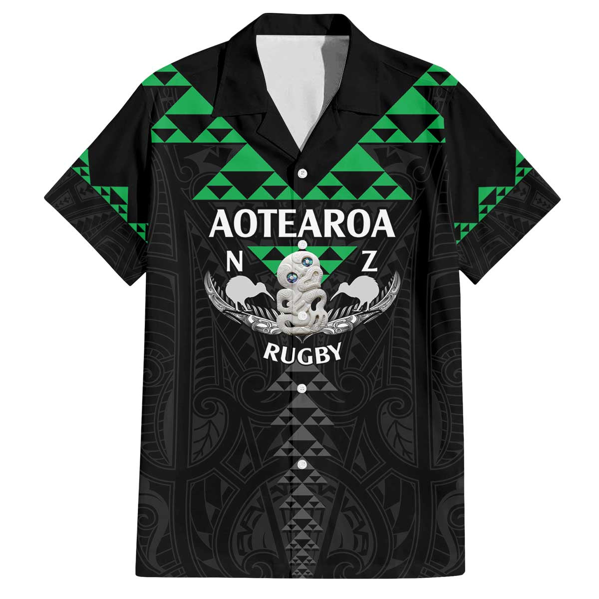 Personalised Aotearoa Rugby Family Matching Puletasi and Hawaiian Shirt New Zealand Maori Kete Matauranga Pattern LT14 Dad's Shirt - Short Sleeve Black - Polynesian Pride